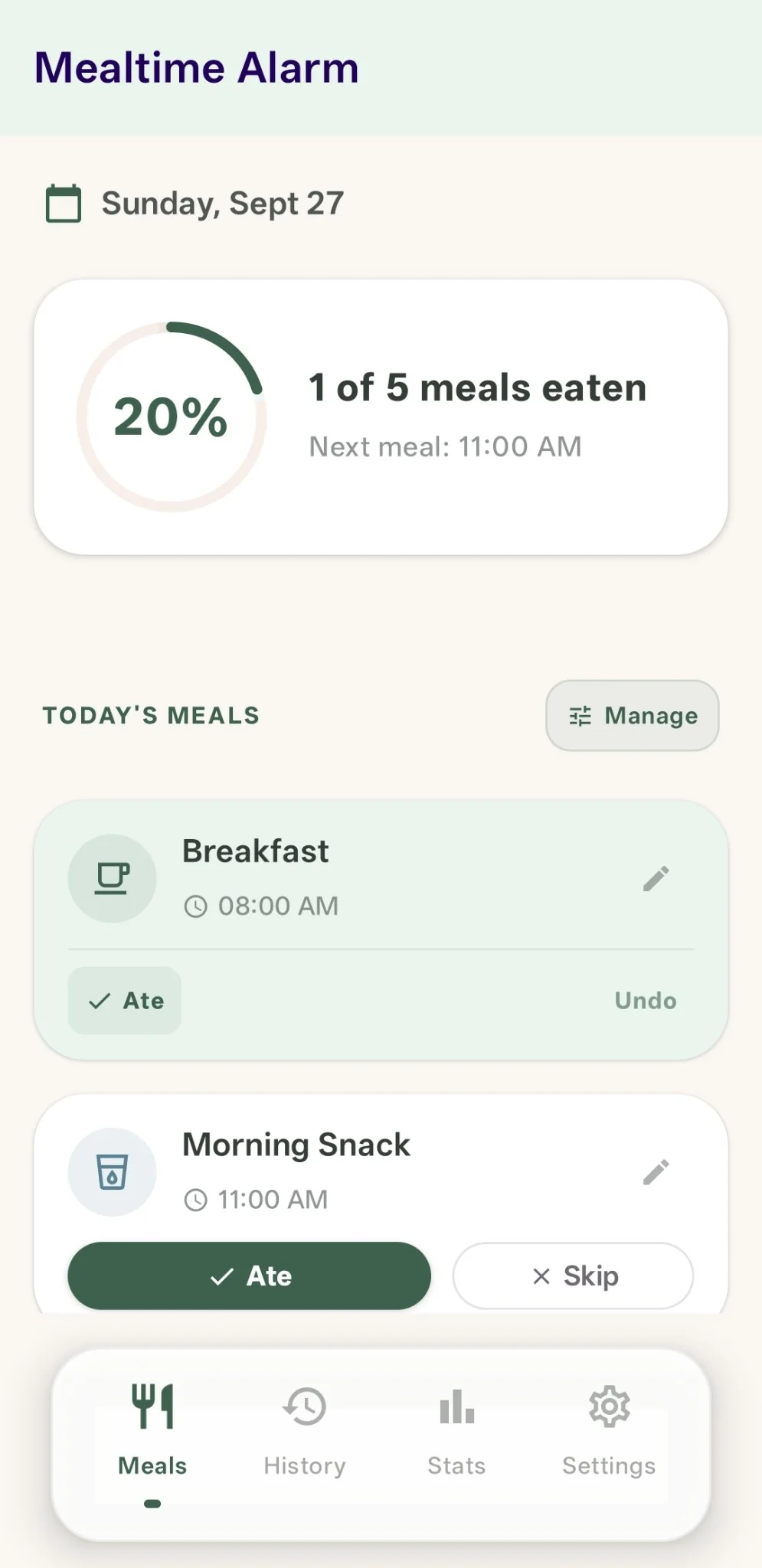 Meal Reminder & Alarm app — today's meals and progress